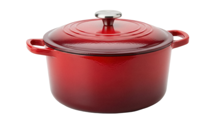 Red enameled cast iron dutch oven with lid isolated PNG, cooking pot for soups and stews on transparent background