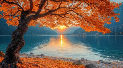 Majestic autumn scene with golden tree framing a serene lake at sunrise or sunset