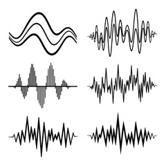 Diverse sound wave illustrations depicting audio signals and frequency patterns.