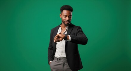 A man in a suit, smiles as he checks the time on his smartwatch. Green background