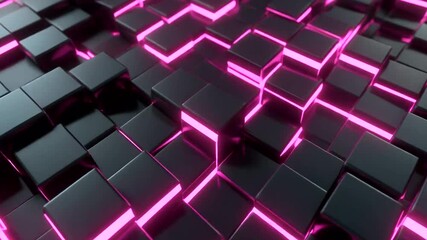 Abstract background of black cubes with neon pink glow lines pulsating and moving up and down in a seamless loop 3d animation cyber tech design - Powered by Adobe