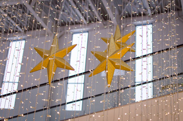 Golden Stars Decorations Hanging in Mall