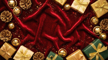 Red velvet-style New Year background, gold bells, pinecones, wrapped gifts along the edges, glitter particles