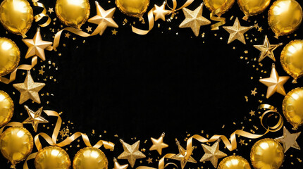 Black and gold New Year frame, bright gold balloons, ribbons, stars arranged densely along edges