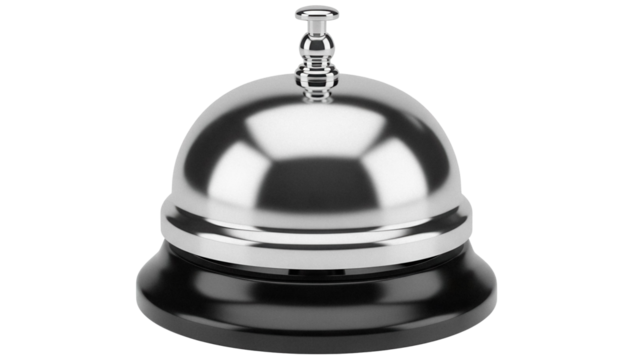 Shiny silver service bell isolated PNG on transparent background, call for assistance in hotels and restaurants