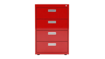 Red four-drawer filing cabinet PNG isolated on transparent background, office furniture for document storage and organization
