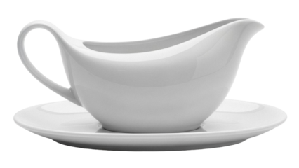 Elegant gravy boat isolated PNG on transparent background, classic white porcelain serving dish for sauces and condiments