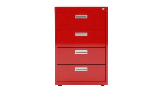 Red four-drawer filing cabinet PNG isolated on transparent background, office furniture for document storage and organization