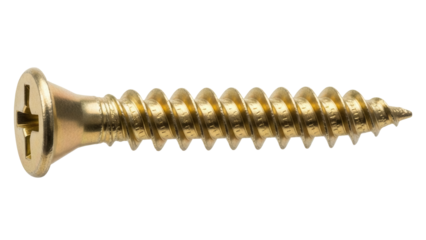 Gold screw isolated PNG on transparent background, metal fastener with thread for woodworking and construction projects