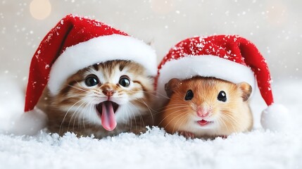 Adorable kitten and happy hamster wearing Santa hats, full of holiday sweetness