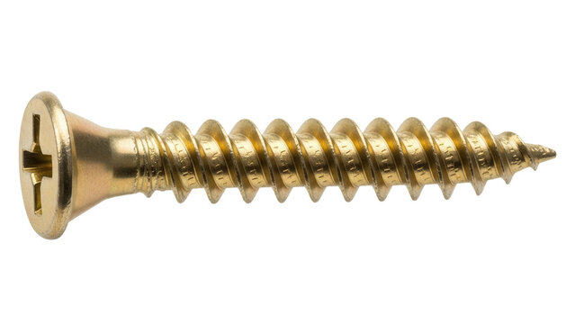 Gold screw isolated PNG on transparent background, metal fastener with thread for woodworking and construction projects