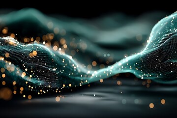 Abstract teal mesh landscape with gold bokeh lights overlay for modern