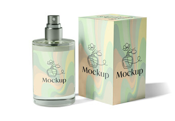 Glass Bottle Perfume Metallic Atomizer And Carton Packaging Mockup