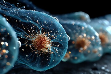 Abstract teal sphere with golden particles and water droplets on a dark backdrop