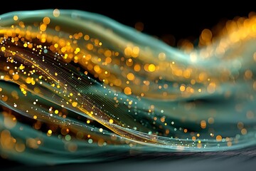 Abstract teal wave with golden bokeh and fine lines on dark background