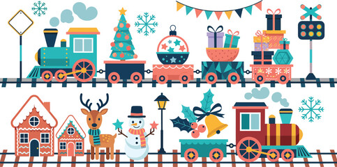 Obraz premium Whimsical christmas train with festive decorations including gifts trees snowmen reindeer and charming village houses perfect for holiday greetings and winter celebrations