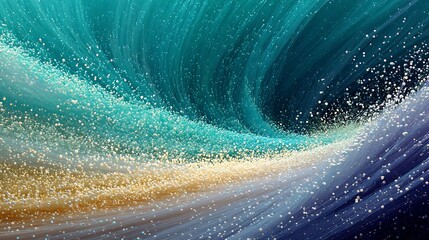 Abstract teal wave with many small spheres and thin lines creates an