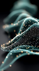 Abstract teal waves flowing through a field of illuminated particles, digital art