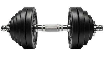 Adjustable dumbbell with multiple weight plates isolated PNG, fitness equipment for strength training and bodybuilding on transparent background