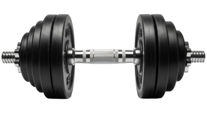 Adjustable dumbbell with multiple weight plates isolated PNG, fitness equipment for strength training and bodybuilding on transparent background