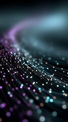 Abstract technology network background with flowing data lines and glowing spheres on dark backdrop