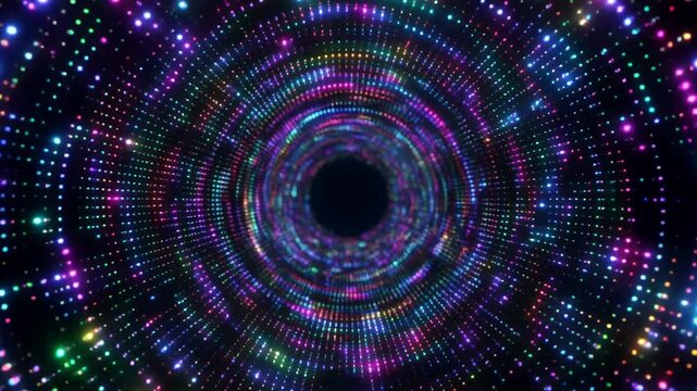 Abstract tunnel created by colorful twinkling dots forms a captivating visual vortex moving forward, perfect for digital art backgrounds