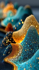 Abstract textured hills landscape with colorful dot patterns and golden bokeh background