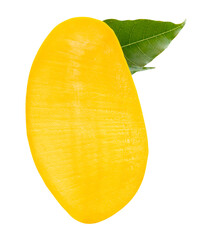A half of ripe yellow mango fruit with green leaves isolated with clipping path in png file format