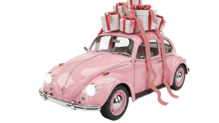 Pink vintage car with gift boxes on roof PNG isolated, festive holiday transport for Christmas and New Year celebration design