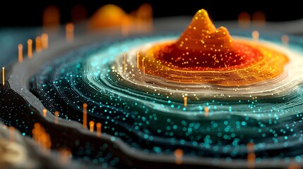 Abstract topographic data visualization with glowing teal and orange lights representing data points