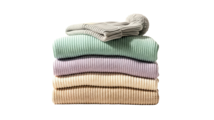 Stack of pastel knit sweaters and hat isolated PNG, cozy winter apparel for cold weather fashion and seasonal clothing concepts