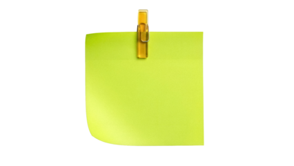 Yellow sticky note with clip isolated PNG on transparent background, reminder message for office and personal use