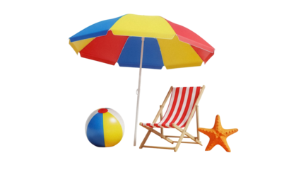 Beach scene with umbrella, chair, ball and starfish isolated PNG, summer vacation elements for graphic design and web use