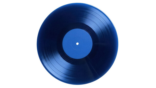 Blue vinyl record isolated PNG, vintage music disc for DJ turntable and audio listening on transparent background