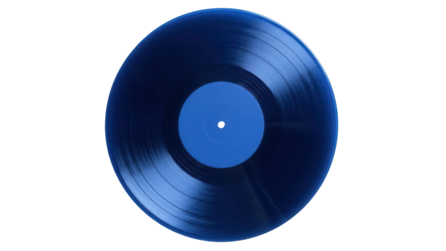 Blue vinyl record isolated PNG, vintage music disc for DJ turntable and audio listening on transparent background