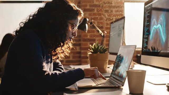Woman works on laptop in a loft office. This developer codes software, using a laptop and large monitor. A focused woman programmer works on a computer, coding new software. Developer coding at desk.