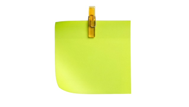 Yellow sticky note with clip isolated PNG on transparent background, reminder message for office and personal use