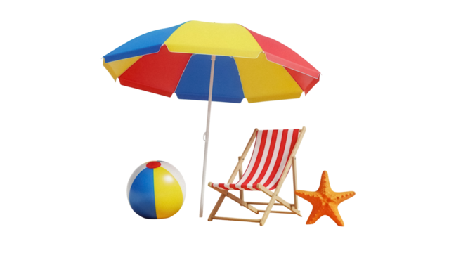 Beach scene with umbrella, chair, ball and starfish isolated PNG, summer vacation elements for graphic design and web use