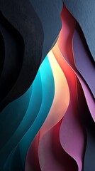Abstract wall art featuring textured layers of black, blue, peach, and purple hues