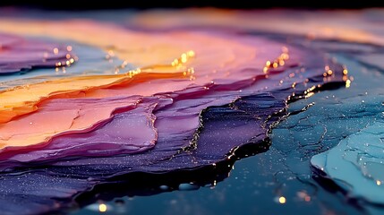 Abstract watercolor landscape featuring gold accents, gradient colors, and flowing liquid texture design