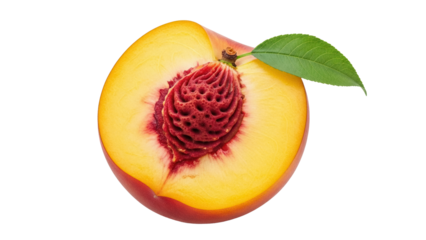 Half peach fruit PNG isolated on transparent background, fresh cut stone fruit with pit and leaf for healthy eating and summer designs
