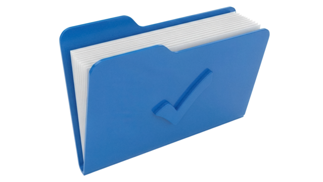 Blue folder with check mark isolated PNG, file management and organization icon for business and personal use on transparent background