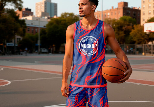 Male Basketball Player Mockup On Urban Court