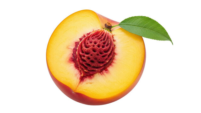 Half peach fruit PNG isolated on transparent background, fresh cut stone fruit with pit and leaf for healthy eating and summer designs