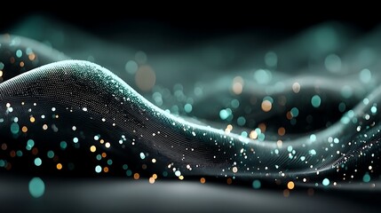 Abstract waves of flowing dots with turquoise and gold bokeh lights background