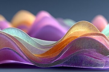 Abstract waves featuring flowing gradients of purple, orange, and blue colors with textured surfaces
