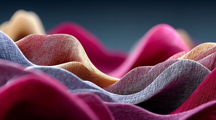 Abstract waves of vibrant fabric textures in pink, beige, and grey hues, closeup shot