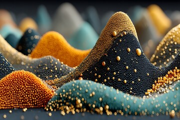 Abstract wavy landscape texture, miniature hills covered in tiny colorful beads and golden spheres