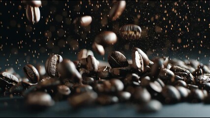 Coffee Bean Cascade: Roasted coffee beans descend in a dynamic, captivating display. The photo highlights the texture, and essence of this cherished morning beverage. 