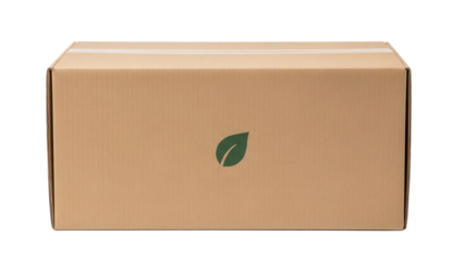 Cardboard box with green leaf logo isolated PNG, sustainable packaging for shipping and delivery on transparent background